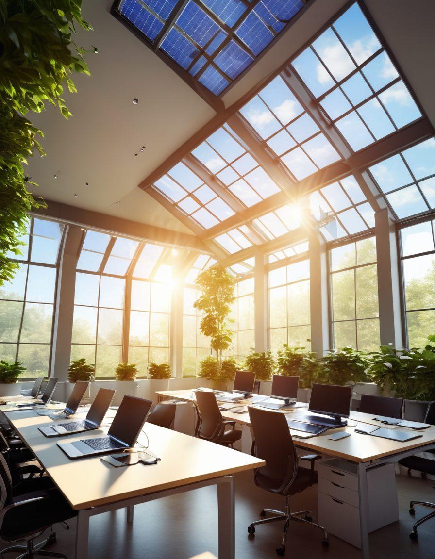 A sleek, modern office environment showcasing solar panels on the roof, with bright sunlight streaming in through large windows. The scene features a diverse group of professionals collaborating over advanced technology like laptops and tablets, symbolizing the integration of solar energy in IT and communication. Background hints of greenery to represent sustainability. super-realistic. vibrant colors. 3D.
