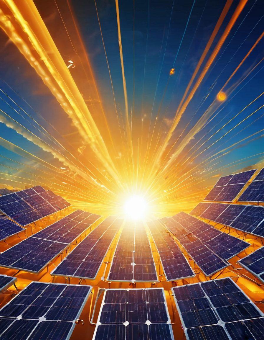 An abstract representation of solar panels absorbing sunlight, with vibrant energy signals radiating towards a digital world, incorporating imagery of online services such as cloud computing and e-commerce. The sun is depicted in a stylized manner, casting golden rays that transform into binary code and wifi signals. Emphasize a harmonious blend of nature and technology. bright colors, futuristic style, digital art.