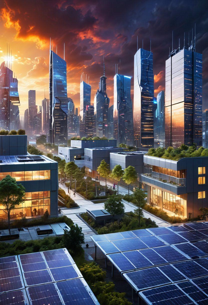 A futuristic cityscape illuminated by solar panels on rooftops, with glowing digital connections wirelessly linking buildings. Sunbeams breaking through clouds, casting warm light on scenes of people using devices connected to a smart network. The sun is visually prominent, representing renewable energy and innovation in technology. Elements of nature, like trees and gardens, coexist with high-tech infrastructure. vibrant colors. cyberpunk.